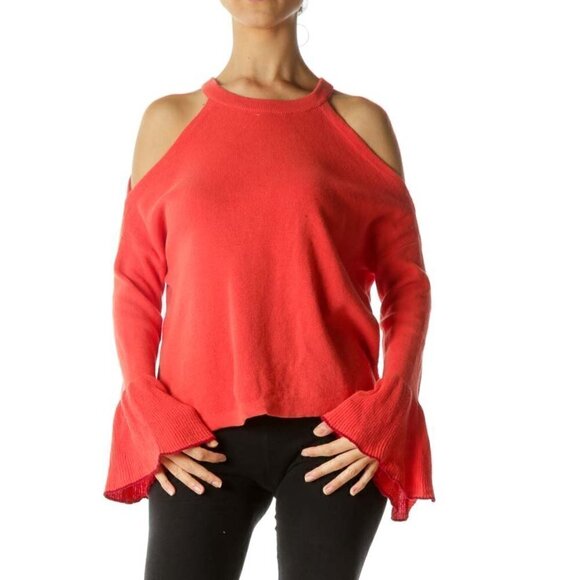 knitted & knotted Tops - KNITTED & KNOTTED Coral Orange 100% Cotton Cold Shoulder Knit Sweater